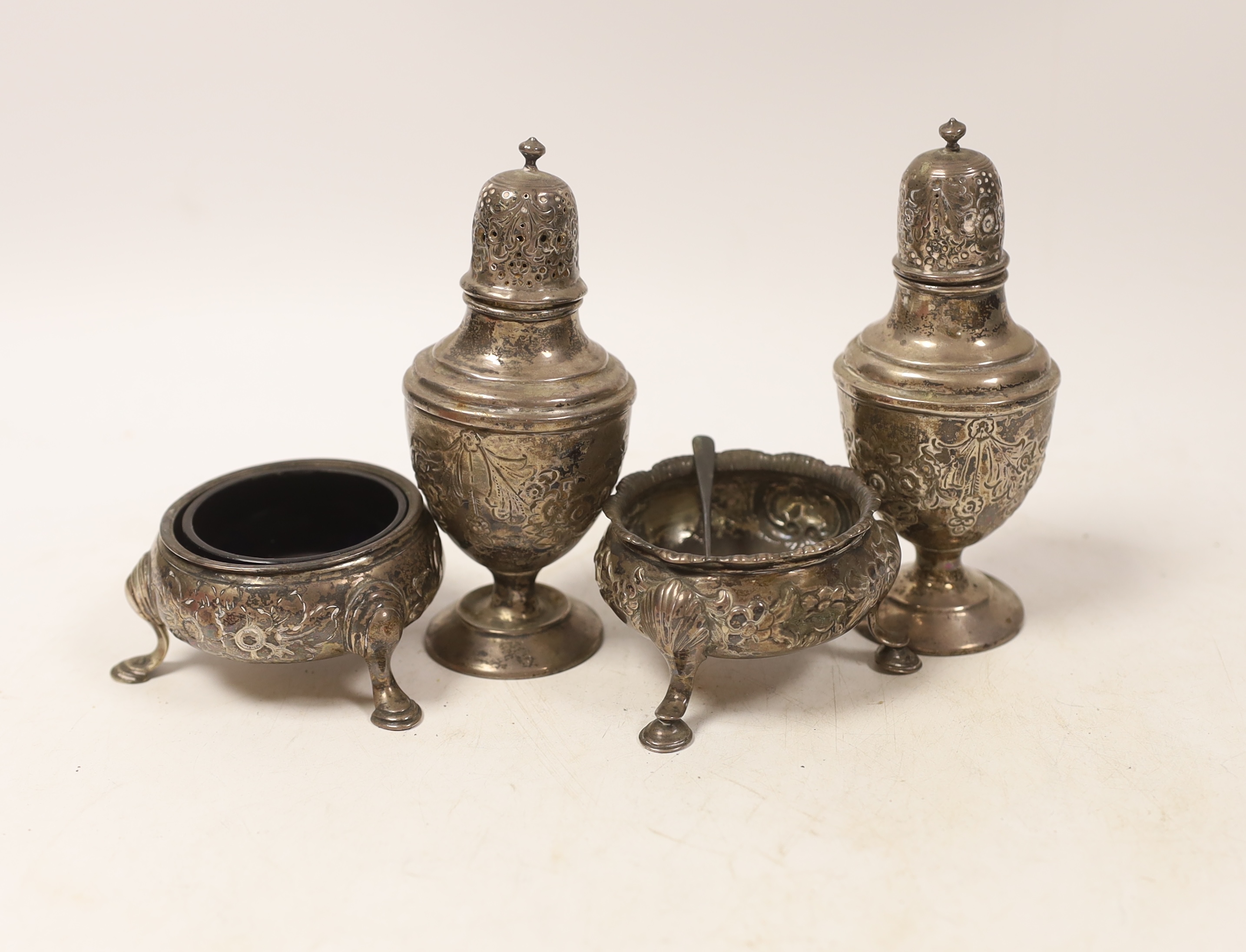Two George III silver salts and two late Victorian silver pepperettes, height 13cm